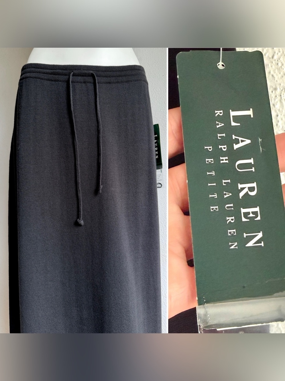 Lauren RALPH LAUREN 100% Cotton Black Drawstring Skirt NEW NWT Knit Petite LARGE